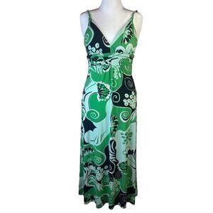Bisou Bisou Women's Size Small Green Floral Maxi Dress Braided Straps Boho Beach